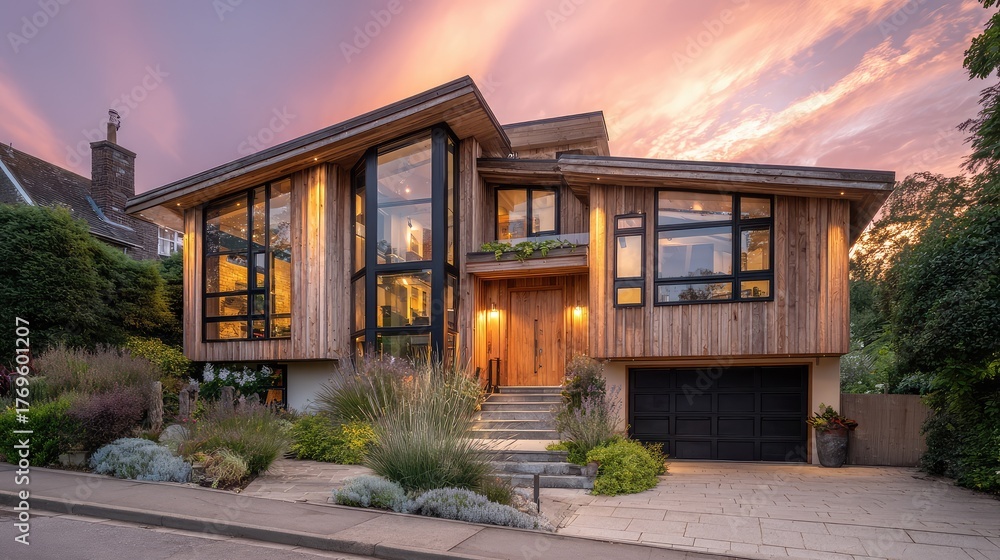 Fototapeta premium Modern Architectural Beauty with Large Windows at Sunset Surrounded by Lush Landscaping Capturing a Contemporary Home Design in a Scenic Setting