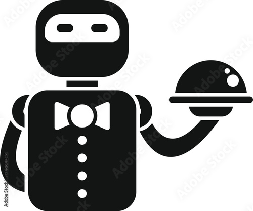 Robot waiter holding serving tray with cloche, automation in restaurant industry