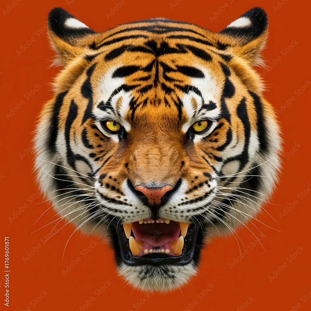 Fototapeta premium Ferocious tiger head displays intense yellow eyes and bared teeth against a solid backdrop