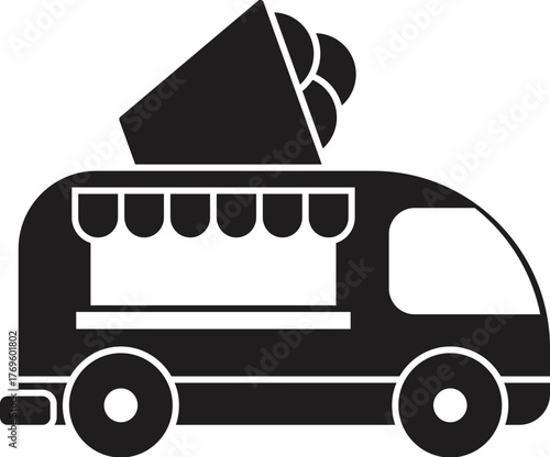 Black silhouette of a food truck selling ice cream or popcorn, perfect for representing street food, fast food or small businesses