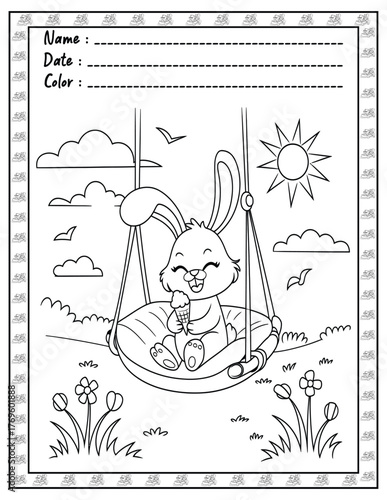 Fluffy Friends Bold & Easy Coloring Page with Cute Animals for Adults and Kid. High resolution (300 DPI), Ready to print on standard 8.5x11-(A4) inch paper With (No Bleed), Black and White. Vector ill