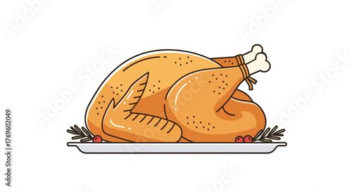 Roasted turkey symbolizing Thanksgiving day celebration. Colored vector illustration, isolated on a transparent background