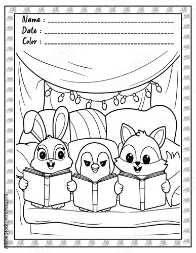 Fluffy Friends Bold & Easy Coloring Page with Cute Animals for Adults and Kid. High resolution (300 DPI), Ready to print on standard 8.5x11-(A4) inch paper With (No Bleed), Black and White. Vector ill