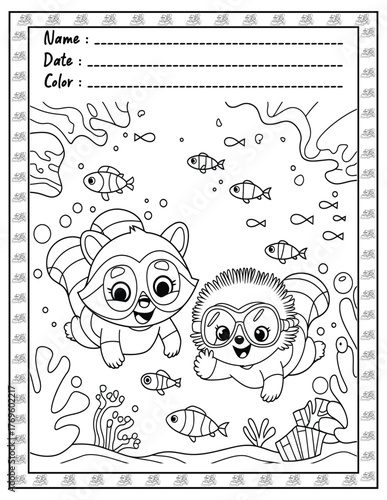 Fluffy Friends Bold & Easy Coloring Page with Cute Animals for Adults and Kid. High resolution (300 DPI), Ready to print on standard 8.5x11-(A4) inch paper With (No Bleed), Black and White. Vector ill