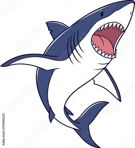 Illustration of a fierce great white shark with mouth open and sharp teeth isolated on transparent background