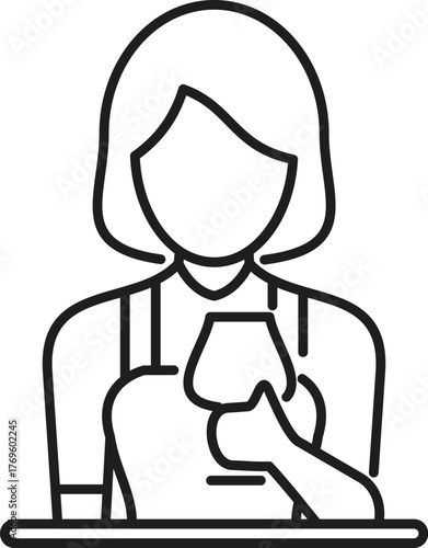Sommelier woman smelling and tasting wine in glass, simple black and white icon or logo