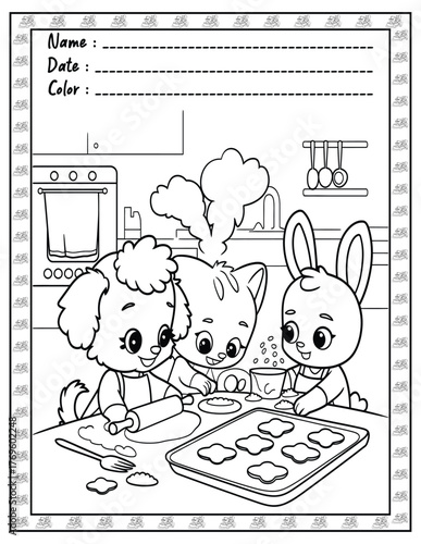 Fluffy Friends Bold & Easy Coloring Page with Cute Animals for Adults and Kid. High resolution (300 DPI), Ready to print on standard 8.5x11-(A4) inch paper With (No Bleed), Black and White. Vector ill