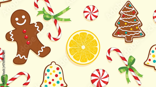 A delightful christmas pattern featuring a gingerbread man, candy canes, a lemon slice, a christmas tree cookie, and a bell cookie, all arranged on a soft yellow background