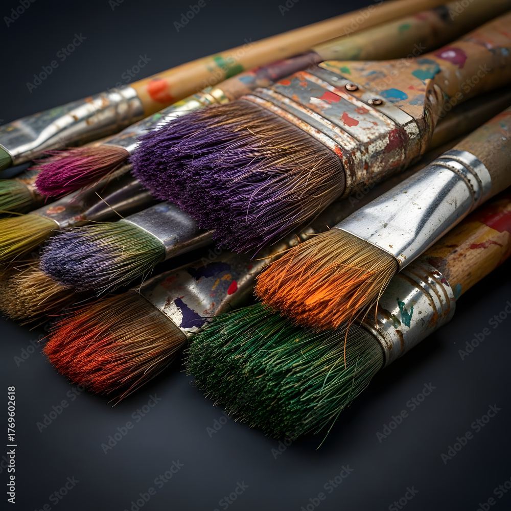 Fototapeta premium Close-up of artist paintbrushes, showcasing vibrant colors and artistic tools. Each brush is covered in paint