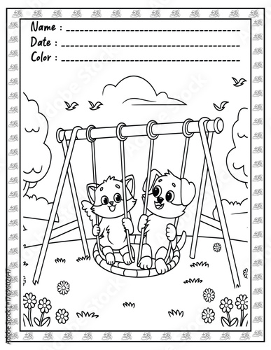 Fluffy Friends Bold & Easy Coloring Page with Cute Animals for Adults and Kid. High resolution (300 DPI), Ready to print on standard 8.5x11-(A4) inch paper With (No Bleed), Black and White. Vector ill