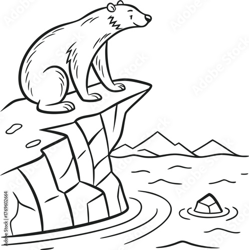 Stylized line art of a bear standing on rocks by water scene isolated on transparent background