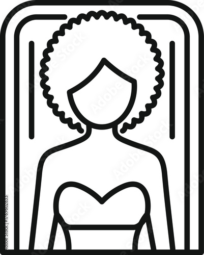 Simple black and white line drawing of a bride with curly hair wearing a strapless dress, getting ready for her wedding ceremony