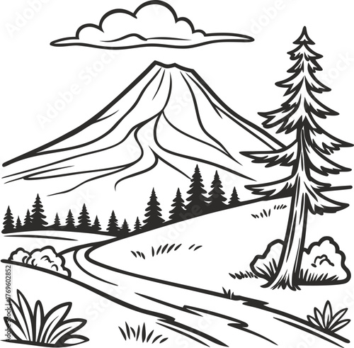 Majestic mountain landscape with winding path and evergreen forest outline isolated on transparent background