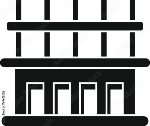 Black silhouette of a building undergoing construction, featuring scaffolding and multiple doors, ideal for representing building development or urban projects
