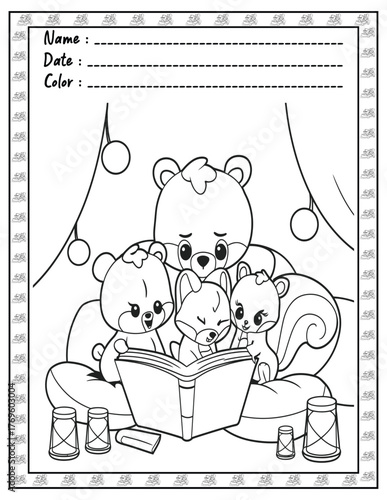 Fluffy Friends Bold & Easy Coloring Page with Cute Animals for Adults and Kid. High resolution (300 DPI), Ready to print on standard 8.5x11-(A4) inch paper With (No Bleed), Black and White. Vector ill