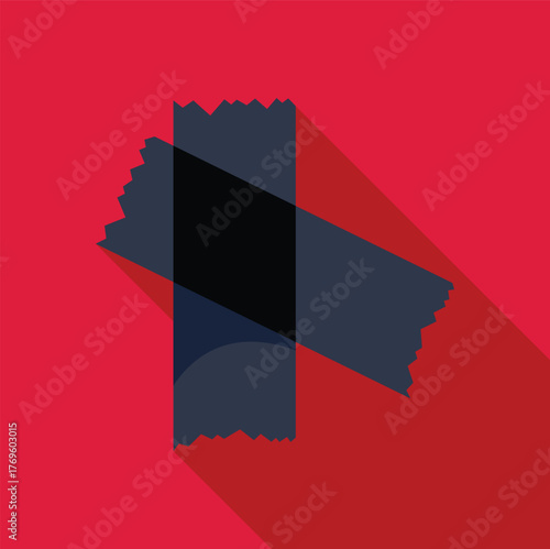 Two pieces of black duct tape are crossing over each other creating an x shape on a red background, casting a long shadow