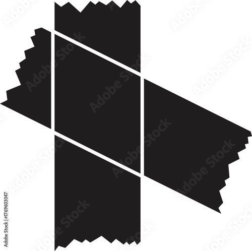 Two pieces of black adhesive tape are crossing each other, forming a cross shape over a white background