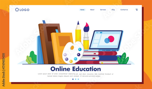 A colorful illustration showcasing online education featuring art supplies, books, and a laptop emphasizing creativity and accessibility in educational resources for learners.
