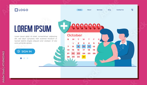 This illustration depicts a couple focused on pregnancy health, featuring a calendar and other health elements, symbolizing care, planning, and emotional support during this significant journey.