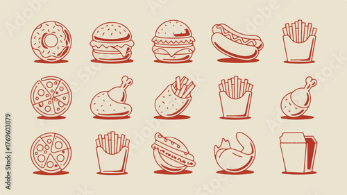 Fast food icons donut burger hot dog fries pizza chicken wrap drink hamburger cheeseburger