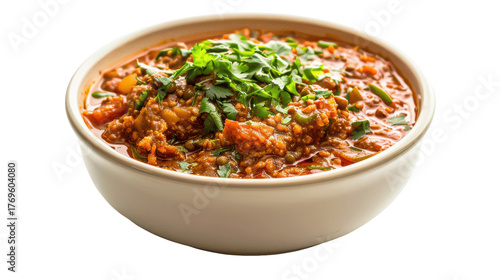 A vibrant bowl of hearty lentil stew topped with fresh herbs served on a wooden table, isolated on white background