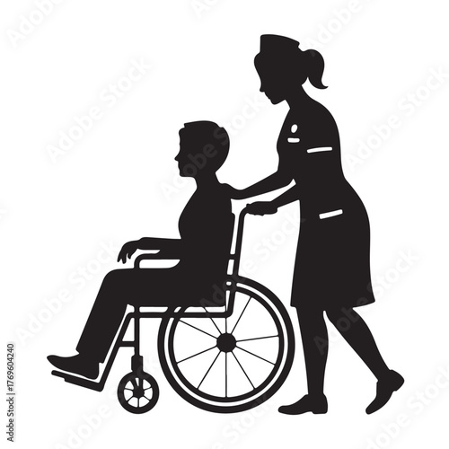 Nurse pushing patient in wheelchair isolated on white background, providing care and assistance with compassion and professionalism