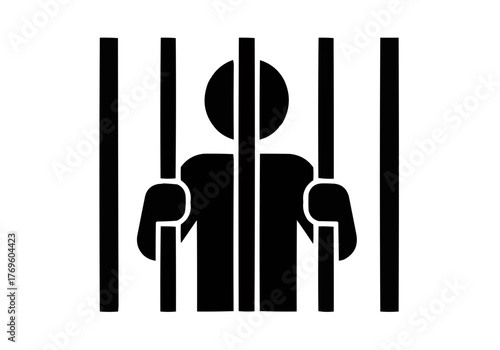 Silhouette of a person behind bars with hands gripping the bars in a black and white depiction on transparent background