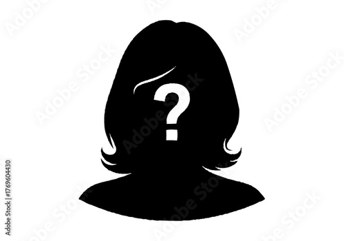 Silhouette of a woman with a question mark on her face representing unknown identity or uncertainty on transparent background