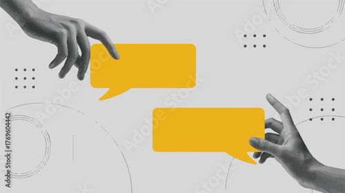 Gray hands reaching for yellow speech bubbles communication connection