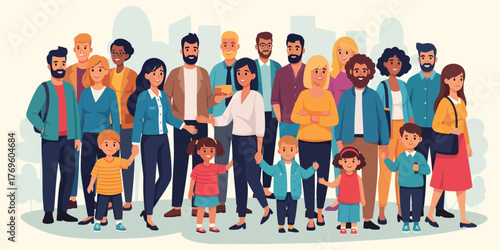 Diverse group of people and children standing together, representing community and family.