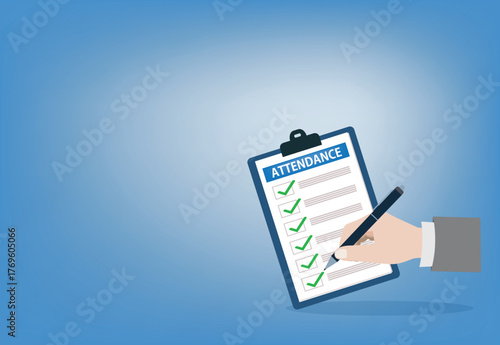 Attendance clipboard with checklist. Questionnaire, survey, clipboard, task list. Flat design,
