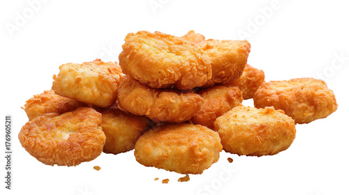 Golden-brown chicken nuggets stacked ideal for fast food menus, isolated on white background