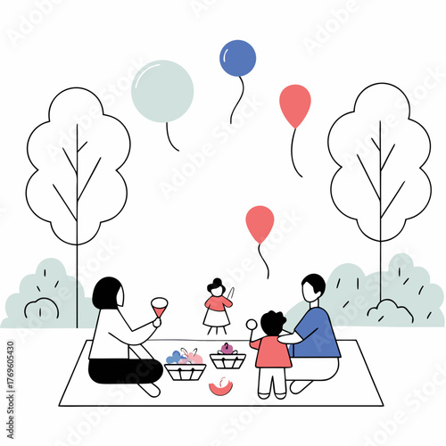 Family enjoying a picnic with balloons illustration