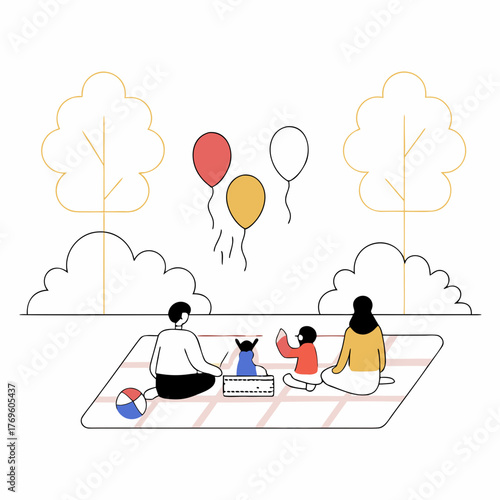 Family picnic with balloons in a park illustration