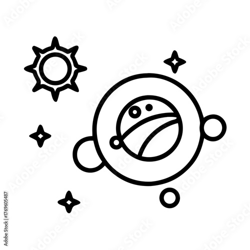 Illustration of a planet with moons, stars, and a sun