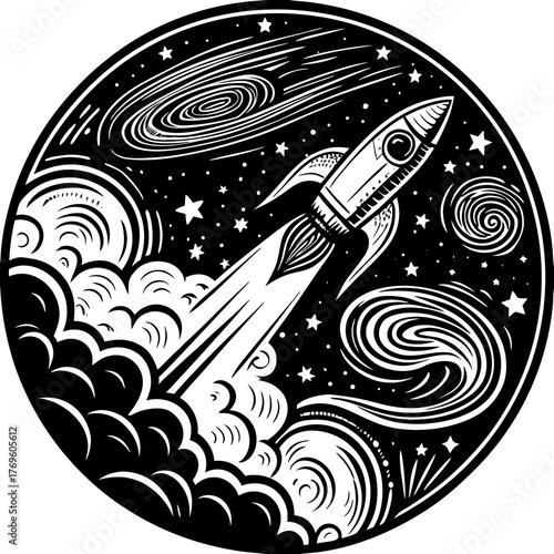 Rocket ship blasting off into the starry night sky