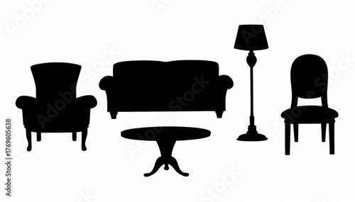 Elegant furniture arrangement silhouette, perfect for interior design mood boards and stylish living space concepts, simple and clean vector home decor elements