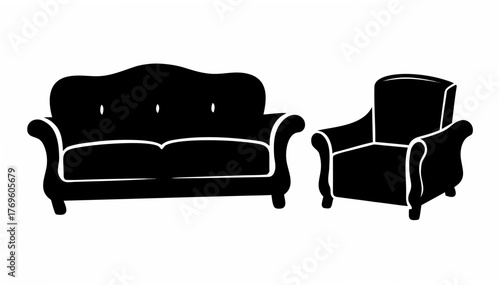 Elegant black silhouette of a classic sofa and armchair set, perfect for interior design mockups and furniture layouts, showcasing timeless style and comfort