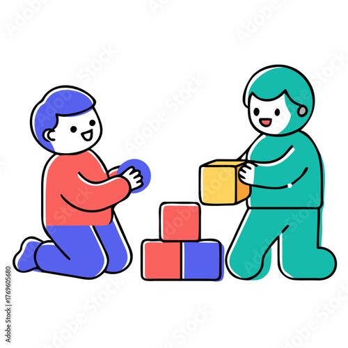 Two children are playing with building blocks