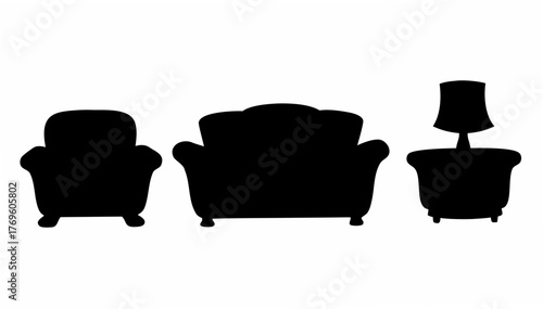 Charming furniture arrangement, a cozy armchair alongside a stylish sofa and a table lamp, perfect for creating a welcoming and comfortable living space