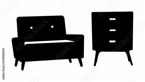 Stylish mid-century modern armchair and nightstand silhouette, perfect for interior design concepts and minimalist home decor, ideal for furniture layouts