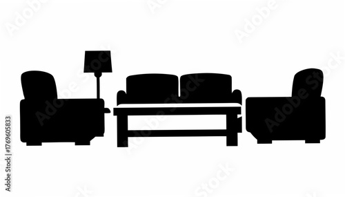 Sleek minimalist living room setup with sofa, armchairs, lamp, and table for modern home decor projects or interior design concepts, representing comfort, style