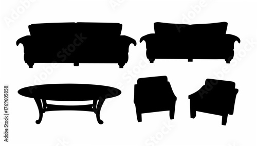 Elegant living room furniture set silhouette for interior design projects, creating cozy spaces, architectural renderings and home decor mockups, vector