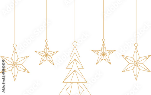 Geometric gold christmas snowflake ornaments vector set, elegant holiday hanging baubles.