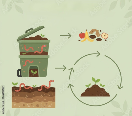 Sustainable composting guide turning organic waste into nutrient-rich soil for plant growth with worms