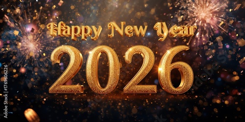 Happy New Year 2026: Glittering Golden Typography with Festive Ornaments, Gifts, and Red & Gold Celebration Decor