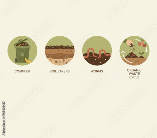 Visual guide to organic waste cycle composting, soil, and worms' role in decomposition for sustainable ecosystems