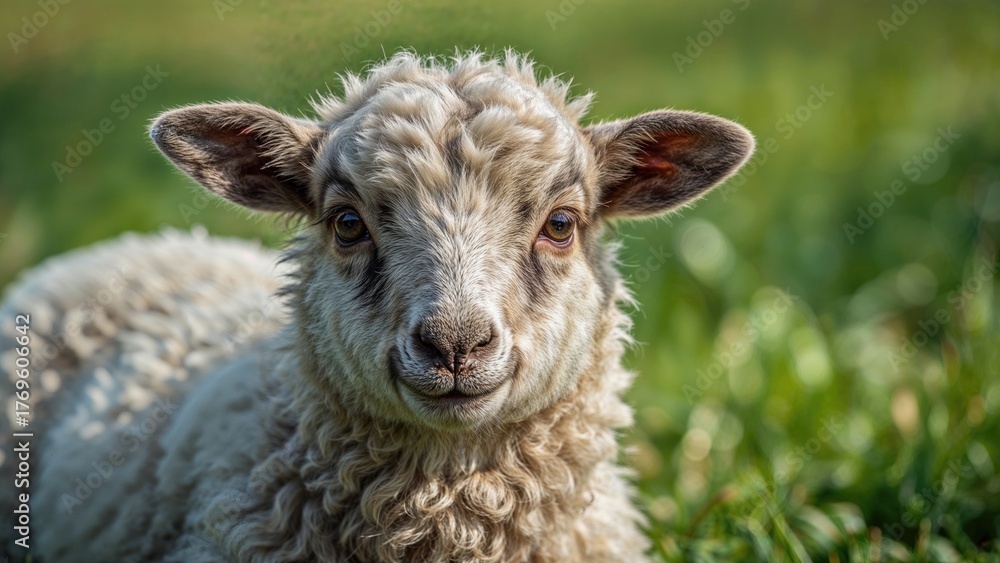 Obraz premium Close-up Portrait of a Sheep in Pasture
