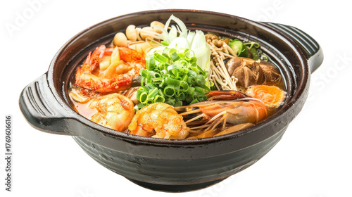 A steaming bowl of seafood ramen topped with fresh green onions and mushrooms, isolated on white background