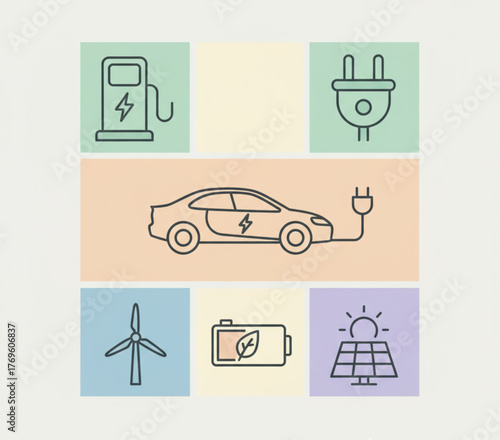 A collection of line art icons representing the concept of sustainable transportation with an electric car and renewable green energy sources